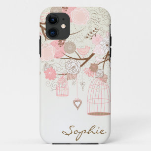 Rosa Vintage-Blumen-Vogelkäfige Benutzerdefinierte iPhone 11 Hülle