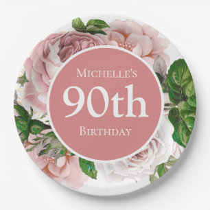 Rosa Vintage Blumengrün 90. Geburtstag Pappteller