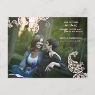 Rosa Vintage Blumige Pfau-Foto Save-the-Date-Karte Ankündigungspostkarte