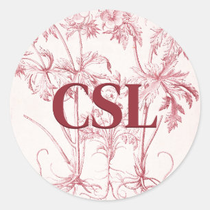 Rosa Vintage-Botanik-Kunst-Monogramm Runder Aufkleber