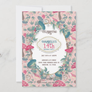 Rosa vintage Cottagecore-Pilz-Geburtstag Einladung
