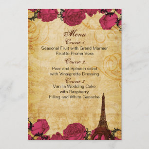 Rosa Vintage Eiffel-Turm Paris-Hochzeitsmenükarten Menükarte