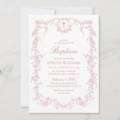 Rosa Vintage Elegante Girl Taufe Foto Einladung (Vorderseite)