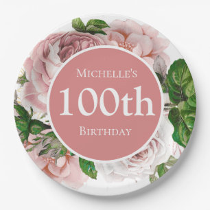 Rosa Vintage-Floral Grün 100. Geburtstag Pappteller