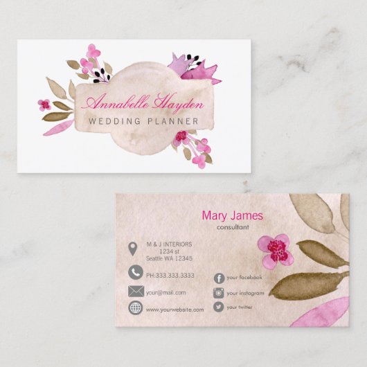 Rosa Vintage florale Visitenkarten Visitenkarte (Vorne/Hinten)