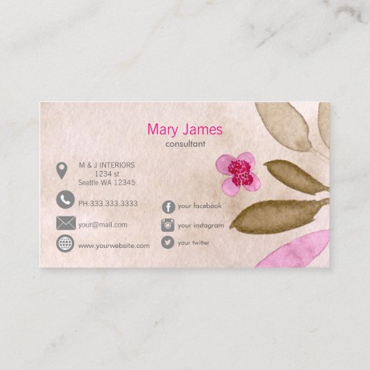 Rosa Vintage florale Visitenkarten Visitenkarte (Rückseite)