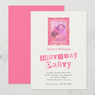 Rosa Vintage-Fotorahmen Geburtstag Einladung