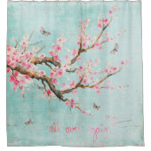 Rosa Vintage Frühlings-Vogel-Kirschpastellblüte Duschvorhang (Vorderseite)