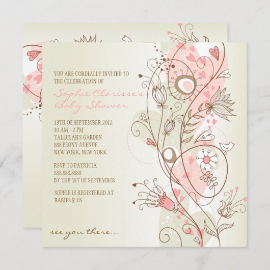 Rosa Vintage Hübsche Blumendusche Einladung (Vorne/Hinten)