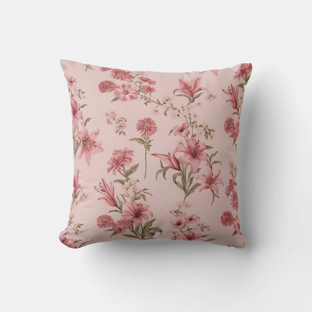 Rosa Vintage Lilien Blumencotagecore Kissen (Vorderseite)