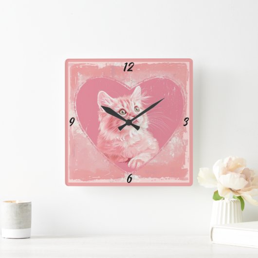 Rosa Vintage Niedliche Kätzchenspitze Wall Clock Quadratische Wanduhr (Zuhause)