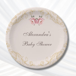 Rosa Vintage-Pfingstrosen-Rokokoblumen-Baby-Shower Pappteller
