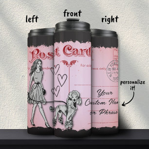 Rosa Vintage-Postkarten-Einkaufsfrau Pudel Liebe Thermosbecher