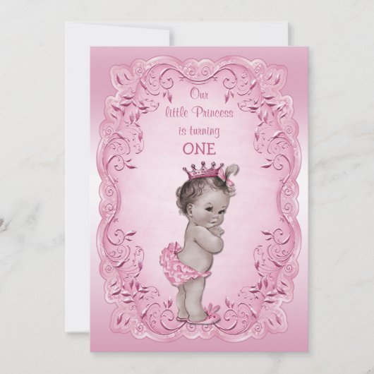Rosa Vintage Prinzessin 1. Geburtstag Party Einladung (Vorderseite)