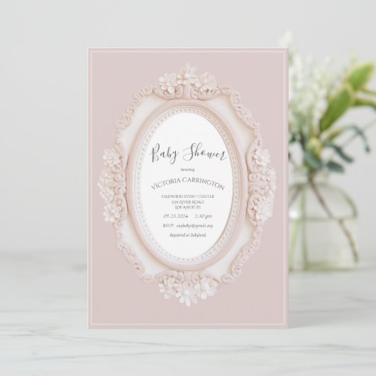 Rosa Vintage-Rahmen-Baby-Shower Einladung (Stehend Vorderseite)