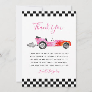 Rosa Vintage-Rennwagen-Baby-Party Dankeskarte