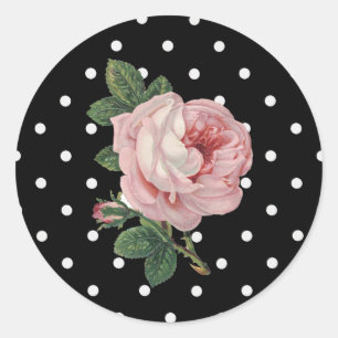 Rosa Vintage Rose und schwarze Polka-Punkte-Aufkle Runder Aufkleber