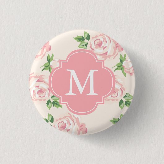 Rosa Vintage-Rosen Muster Monogramm Button (Vorderseite)