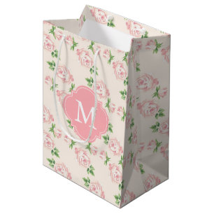 Rosa Vintage-Rosen Muster monogrammiert Mittlere Geschenktüte