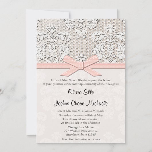 Rosa Vintage Spitzen- und Perlenhochzeit Glamour Einladung (Vorderseite)