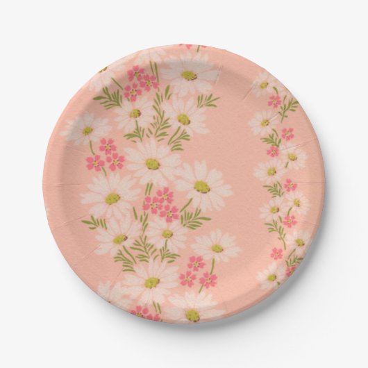 Rosa Vintage-Tapete Papierplatten mit Gänseblümche Pappteller (Vorderseite)