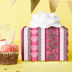 Rosa Vintage Valentinherzen und Blume Geschenkpapier