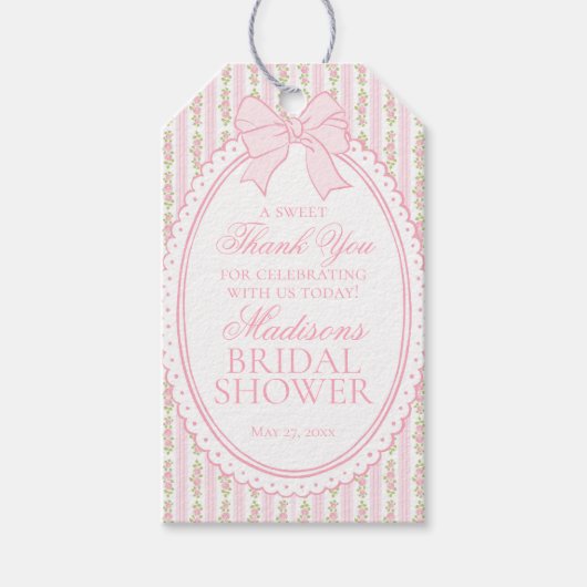 Rosa Vintage-verschlungene Blumen-Hochzeitsdusche- Geschenkanhänger (Vorderseite)