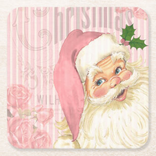 Rosa Vintage viktorianischer Weihnachtsmann Rosen Rechteckiger Pappuntersetzer