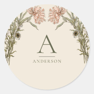 Rosa Vintage-Wasserfarben-Blumenmonogramm Runder Aufkleber