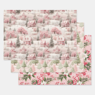 Rosa Vintage-Weihnachtsferien Winter Schnee  Geschenkpapier Set