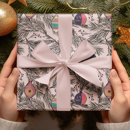Rosa Vintage Weihnachtsschmuck, Pine, Berries Geschenkpapier