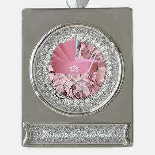 Rosa Vintager Baby Carriage Jewel Imitate Glitzer Banner-Ornament Silber