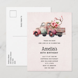Rosa Vintager Bauer Truck Geburtstag Einladungspostkarte
