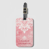 Rosa Vintager Damast individuelle Name Gepäckanhänger (Vorderseite Vertikal)