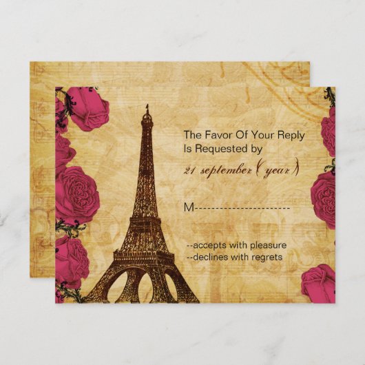 Rosa Vintager Eiffelturm Paris Hochzeit Rsvp (Vorne/Hinten)
