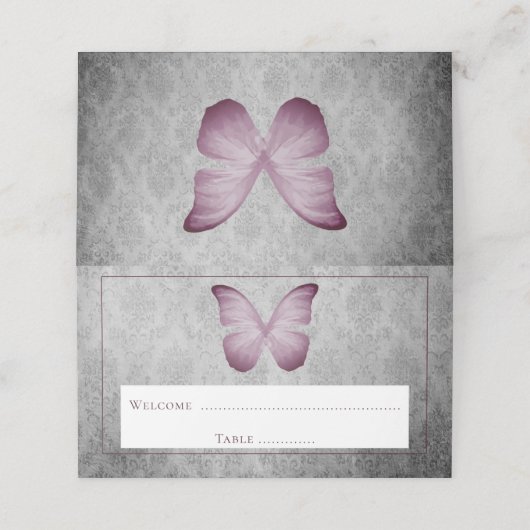 Rosa Vintager Schmetterling Damask Empfang Platzkarte (Außenseite Aufgefaltet)