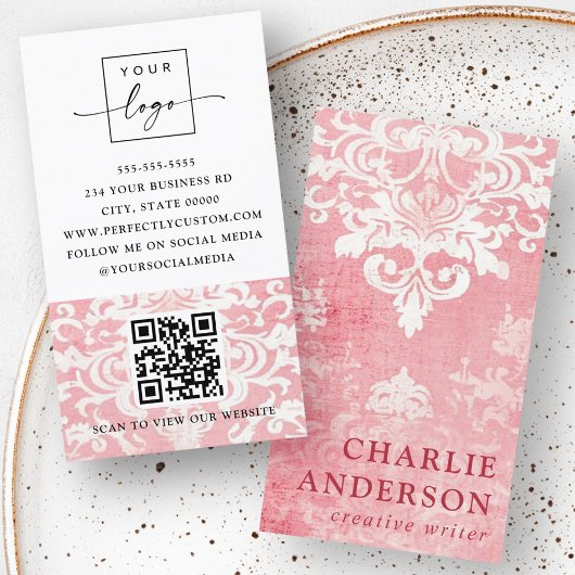 Rosa Vintages Damasellogo QR-Code Visitenkarte