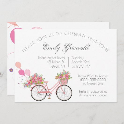 Rosa Vintages Fahrrad Brautparty Einladung (Vorne/Hinten)