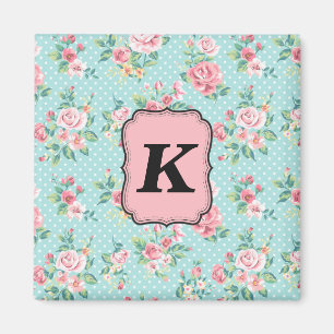 Rosa Vintages Rosen-Muster mit Monogramm Magnet