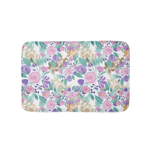 Rosa Violet Lila Gold Aquarellfarben Blume Blätter Badematte (Vorderseite)
