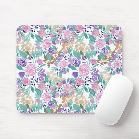 Rosa Violet Lila Gold Aquarellfarben Blume Blätter Mousepad (Mit Mouse)