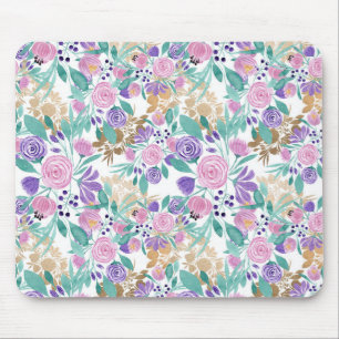 Rosa Violet Lila Gold Aquarellfarben Blume Blätter Mousepad