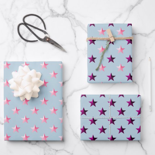 Rosa Violet Lila Stars Dusty Blue Geschenkpapier Set (Vorderseite)