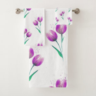 Rosa Violett Tulips Wasserfarbenes Muster Badhandtuch Set