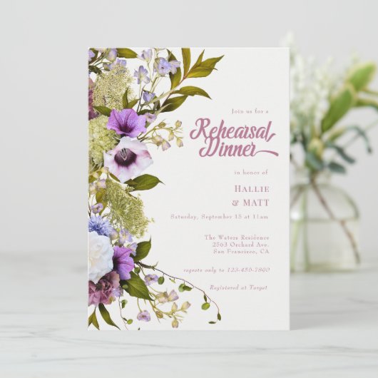 Rosa violette Blumen | Abendessen Probe Einladung (Stehend Vorderseite)