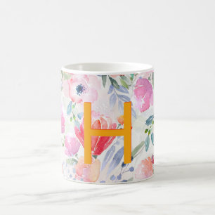 Rosa violette Blumen Aquarellfarben Monogramm Kaffeetasse