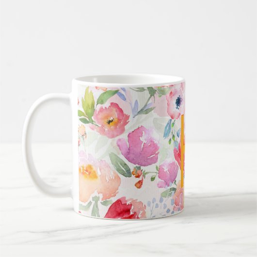Rosa violette Blumen Aquarellfarben Monogramm Kaffeetasse (Links)