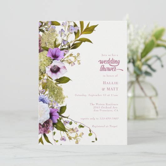 Rosa violette Blumen | Bloom Wedding Shower Einladung (Stehend Vorderseite)