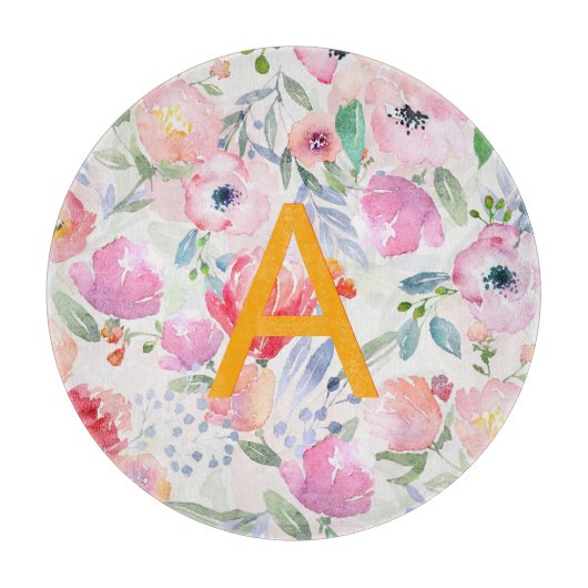 Rosa violette Blumen Chic Monogramm Schneidebrett (Vorderseite)