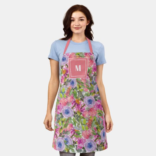 Rosa violette Blumen Grüne Blätter Boho Monogram Schürze (Getragen)